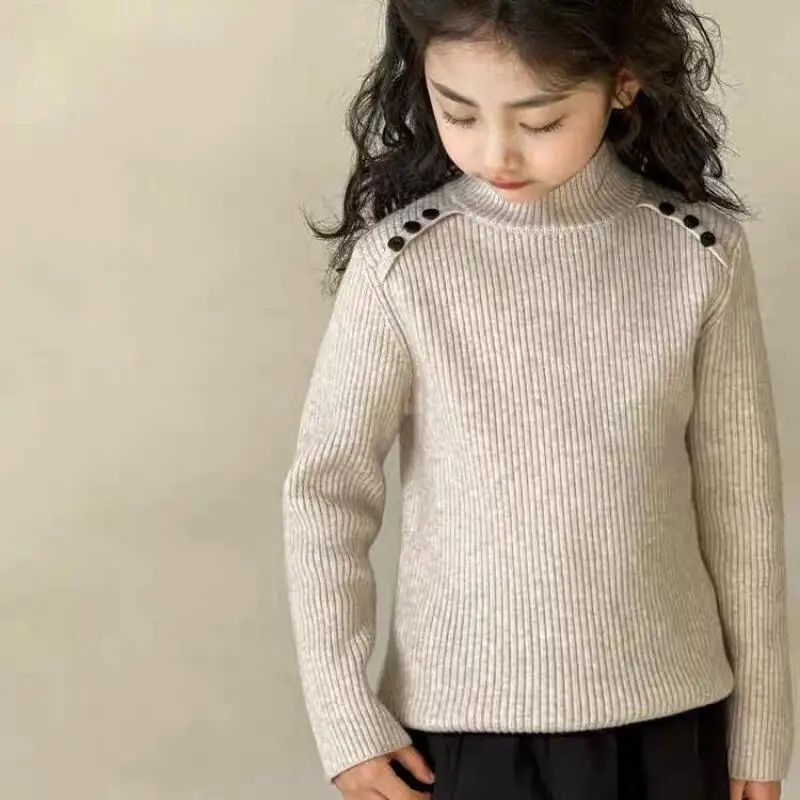 الفتيات الخريف الشتاء محبوك سترة الصلبة طويلة الأكمام قمم الوقوف طوق البلوز مريحة قاع قمصان الأطفال الملابس #3