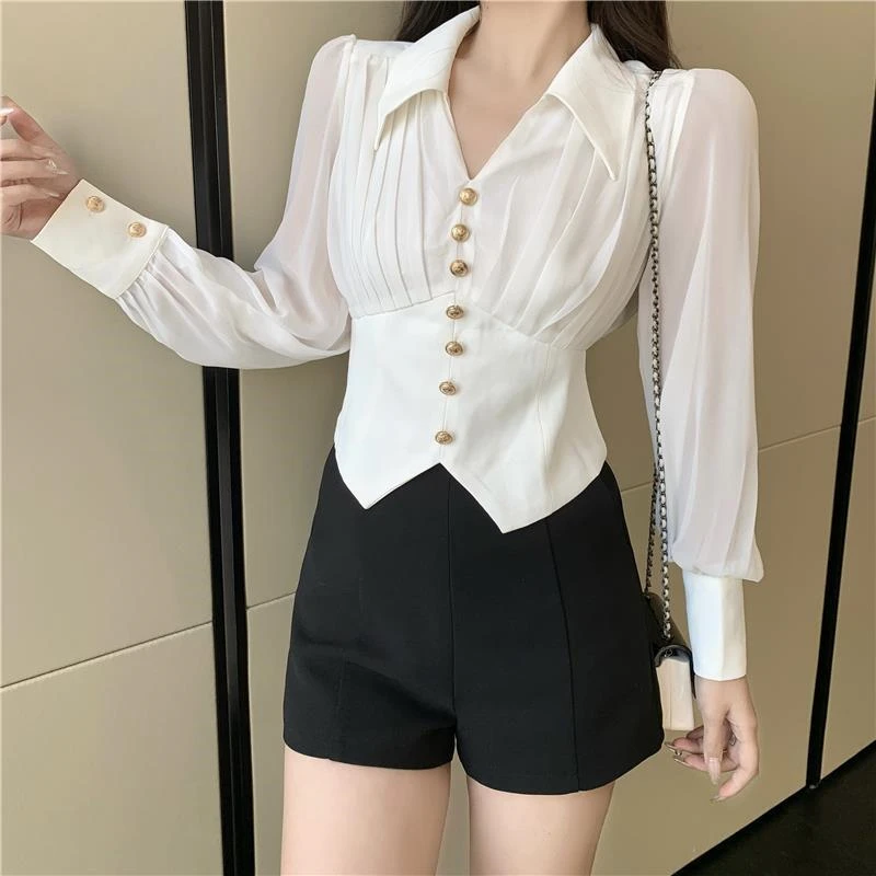 Weiß Schwarz Elegante Chic Süße Shirts für Frauen Frühling Herbst Französisch Temperament Schlank Langarm Bluse Crop Top Weibliche Blusas