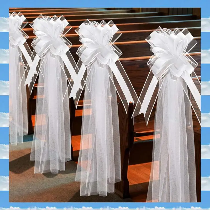 

A11I 24X Large White Wedding Pew Bows With Long Tulle Wedding Pew Bows Chair Aisle Decorations Wedding Car Decoration