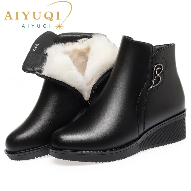 

AIYUQI Women Snow Boots Wedge 2024 New Large Size 41 42 Genuine Leather Mom Winter Boots Wool Mid Heel Casual Ladies Short Boots