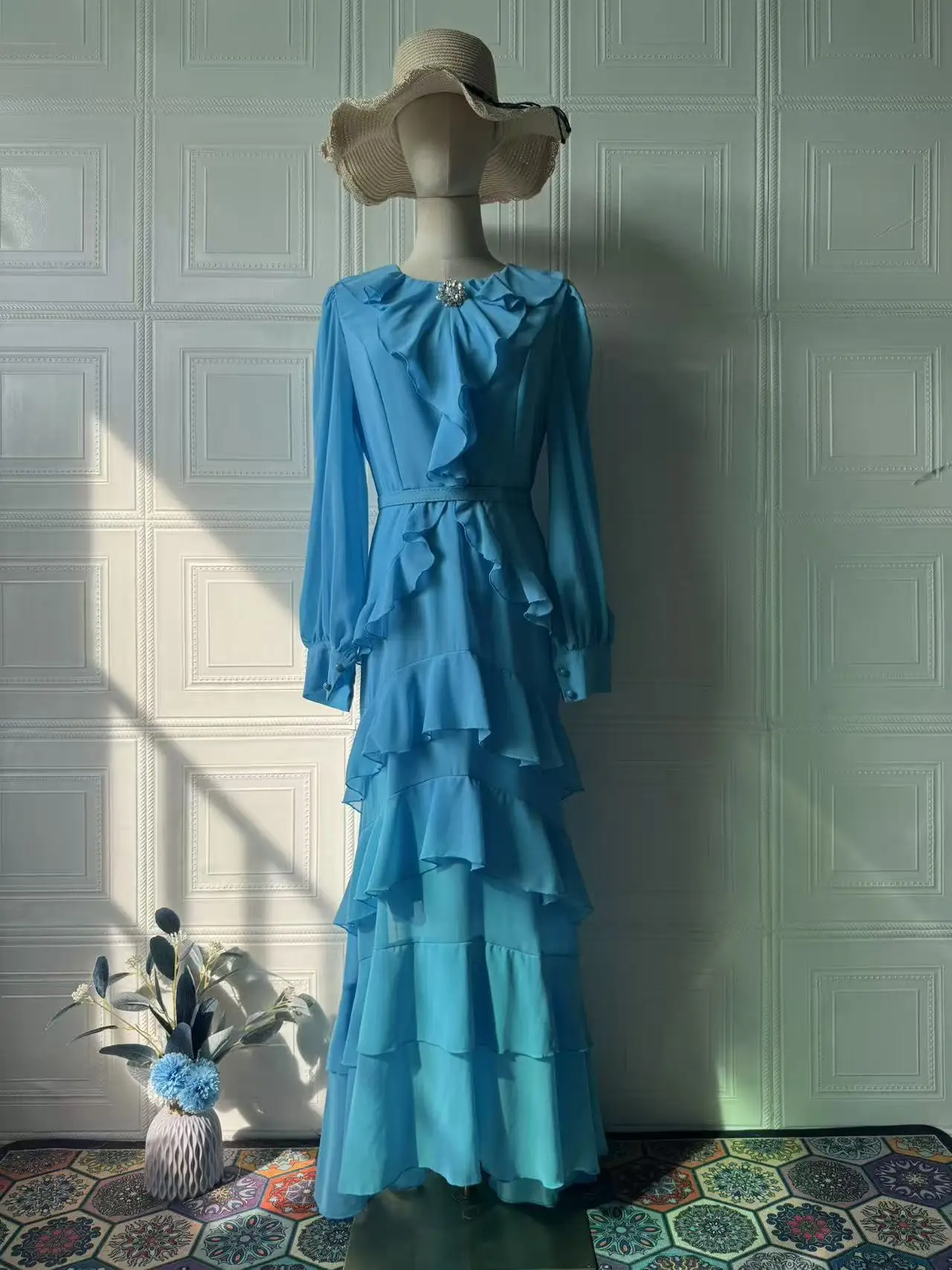 Elegant Solid Layered Ruffle Long Dress Women O Neck Long Sleeve Belt Chiffon Maxi Dress Autumn Wedding Guest Evening Party Robe