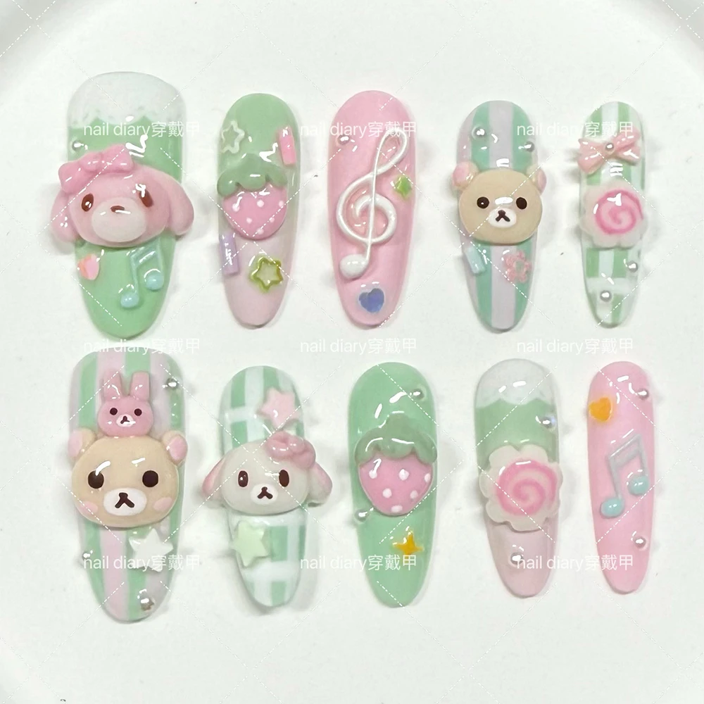 10Pcs Handmade 3D Bear Rilakkuma Rabbit Press On Nail Art Stickers Bowknot Cake Cream Chocolate Manicure Birthday Gift view 5