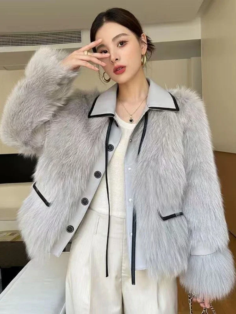 Autumn and Winter Fashion Series Women\'s New Fake Fur Coat Elegant Splicing Fur One Piece Loose Temperament Plush Fur Coat