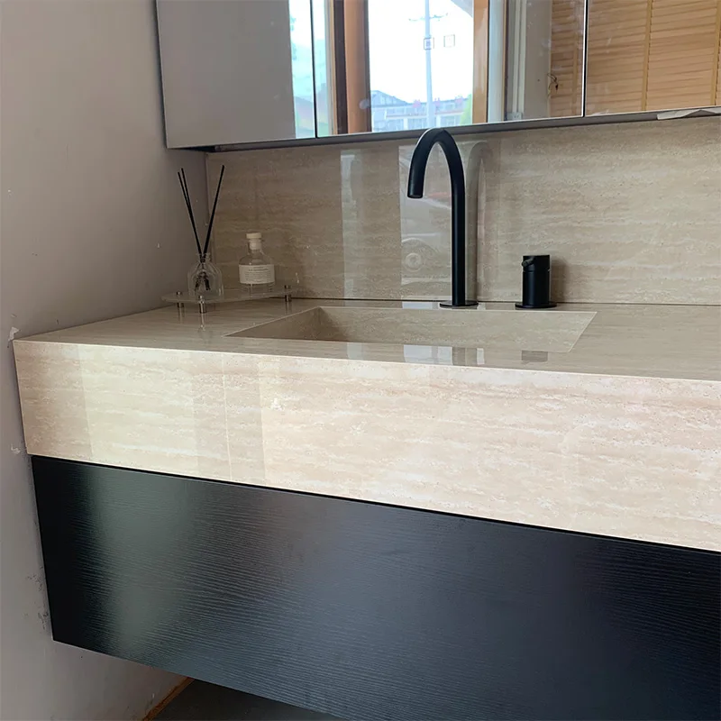 Minimalism Cave Stone Rock Slab Integrated Wall-Mounted Bathroom Cabinet Wash Basin Vanity Sink for Hotel