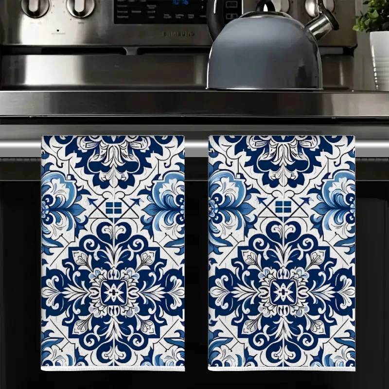 2Pcs, Blue and White Patterned Kitchen Towels, 40Cm*60Cm Towel Set, Super Absorbent Soft Cleaning Cloth, Cooking and Baking Tea Towel, Hand Towel, Cleaning Cloth, Dishcloth, Kitchen Decoration, Living Room Decoration, Kitchen Essentials, Home Essentials