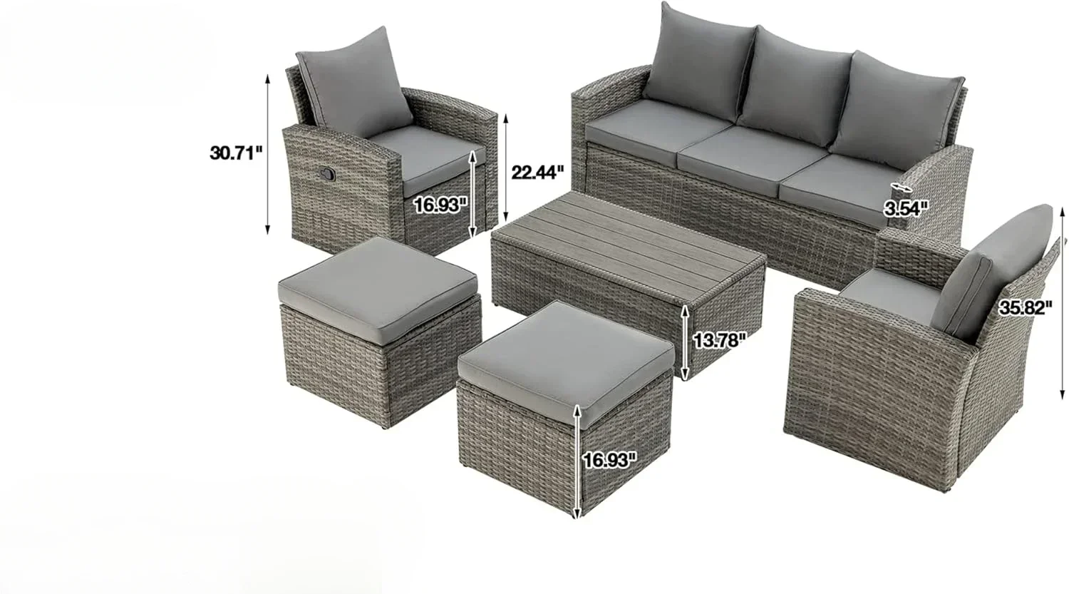 6 Piece Outdoor Patio Funiture Set,Outdoor Sectional Recliner Sofa Modern,All Weather Cushions and Storage Table (Grey)