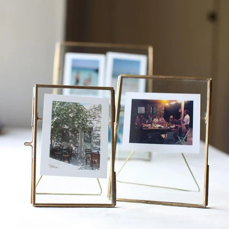 Antique Gold Rectangle Glass Photo Frame Specimen Clip Holder Folding Desktop Picture Frames Home Desktop Decoration