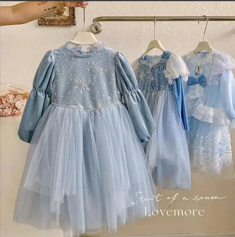

New Baby Girls Fall Boutique Long Sleeve Sequined Mesh Cosplay Blue Dress, Princess Kids Sweet Party Dresses 2-7T