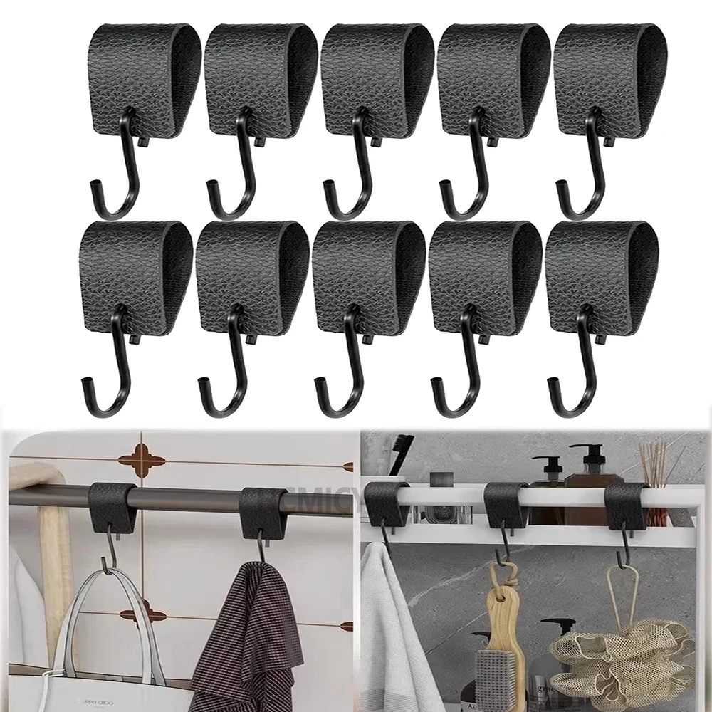 5/10Pcs Black Leather Loop S Shape Hook Coat Hooks Multifunctional Coat Hook for Hat Cap Bedroom Kitchen Hanging Hooks