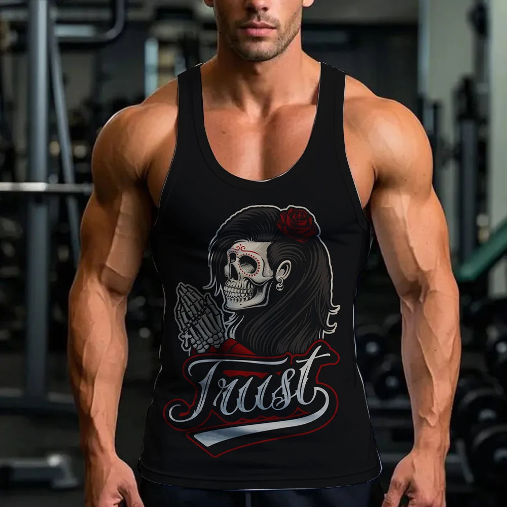 New Men's Vest Hip Hop Graffiti Print Sleeveless T-Shirt Fashion O Collar Breathable Sleeveless Vest Summer Fitness Comfort Top
