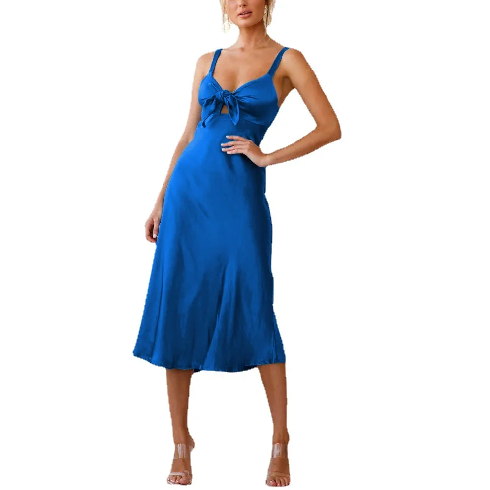 Vestido de renda fino cetim feminino, vestido elástico alto na cabeçada, moda cetim, verão