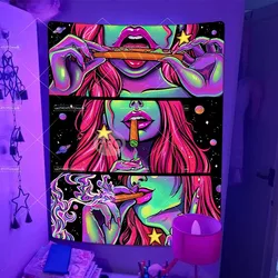 Tapiz de luz negra Trippy Girl, tapiz reactivo UV para colgar en la pared, decoración para sala de estar, tapices para fumar, mantas estéticas para sofá