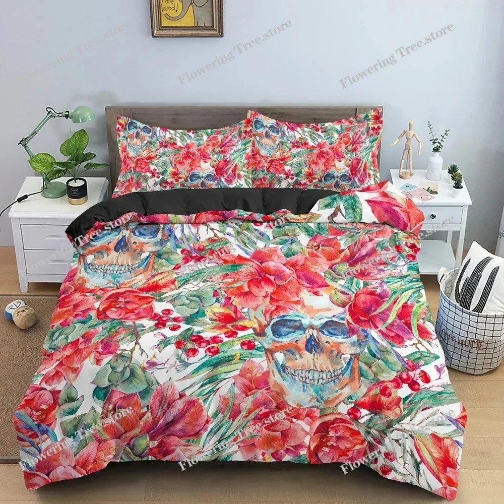Skull Duvet Cover Set Flowers Bedding Set Quilt Cover With Pillowcase King Queen Twin Full Size Bedclothes Bedroom Decor 3