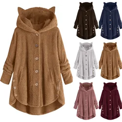 Women's Hooded Fleece Coat with Cats Ears, Irregular Hem, Buttons, Fleece, Sports, Christmas Gift, Cute, Winter, 2024