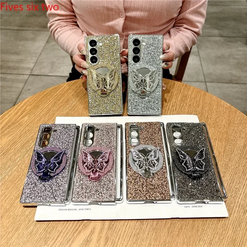 

Luxury 3D Butterfly Makeup Mirror Holder Glitter Plating Phone Case for Samsung Galaxy Z Fold 6 5 4 Shockproof Protection Cover