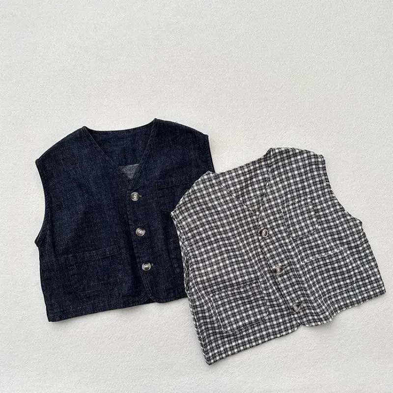 Summer New Children Sleeveless Vest Cotton Girls Casual Plaid Cardigan Baby Thin Coat Boys Denim Vest Jacket Kids Clothes