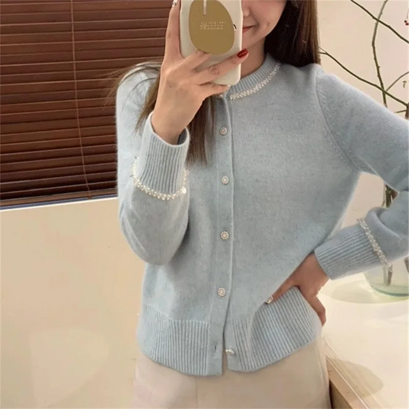 

Chic Beading Sweater Coat Women Spring Autumn O-neck Single Breasted Multicolor Knitted Cardigans Elegant Knitwear E2475