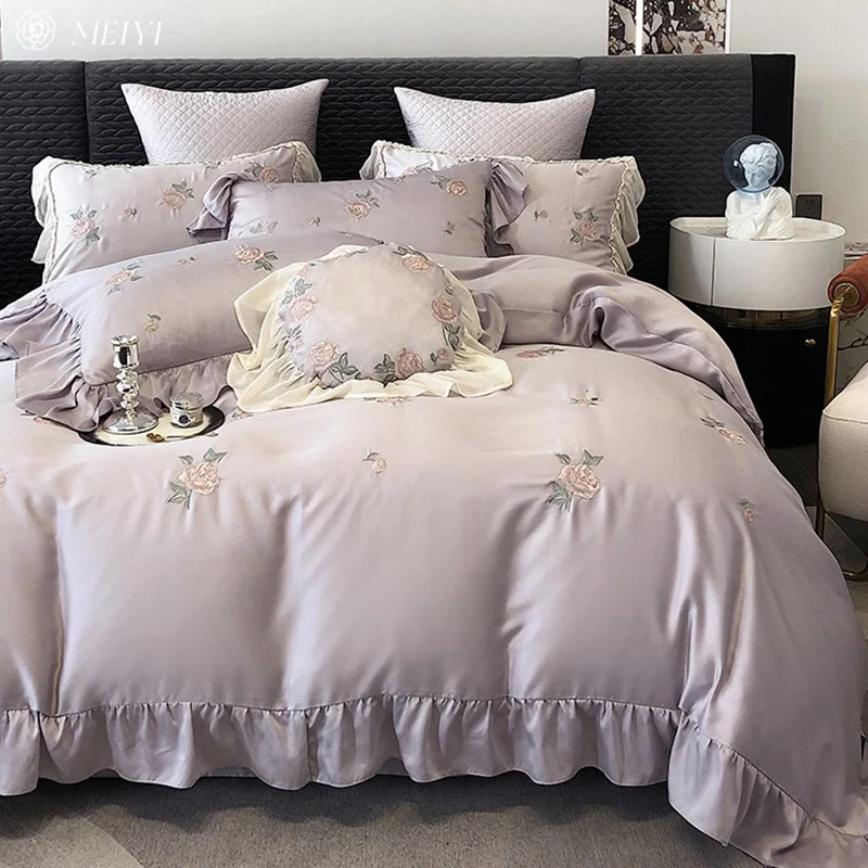 Pastoral Flowers 60 Tencel Four-piece Ice Silk Summer Girl Heart Embroidery Quilt Cover Cool Naked Bed