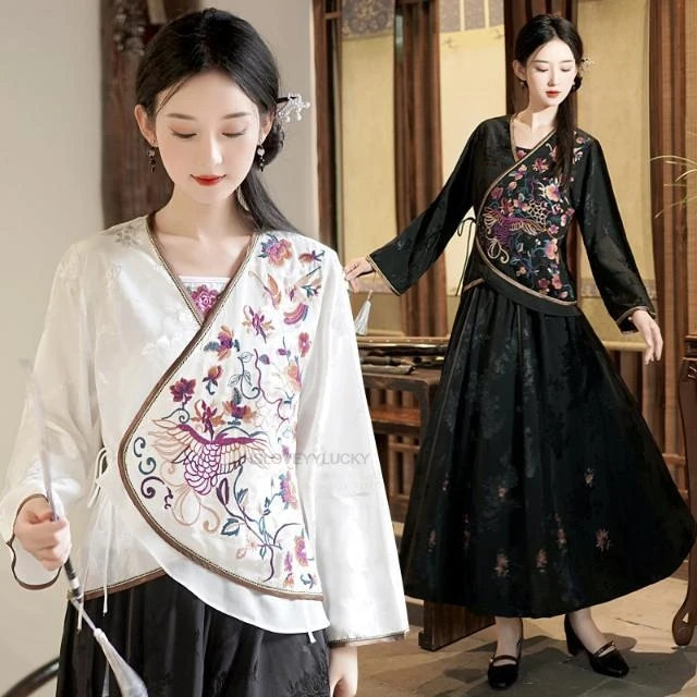 

Traditional Chinese Vintage Blouse National Flower Embroidery Improved v-neck Folk Oriental Cotton Linen Jacquard Hanfu Tops