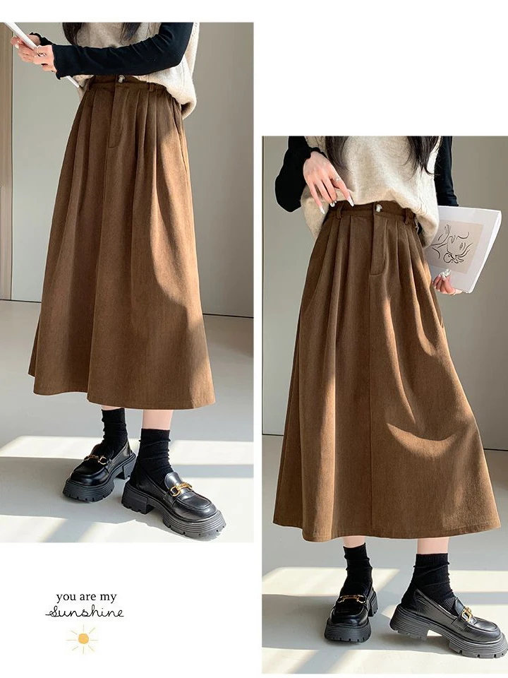 플러스 사이즈 300 포우 코듀로이 하이 웨이스트 A라인 스커트 여성용 가을 겨울 미디 스커트 트렌디한 롱 스커트