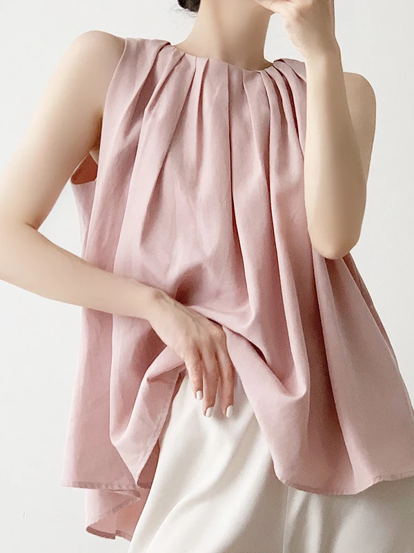 

Sana, лето 2023, женский розовый дизайн, повседневный драпированный легкий дышащий 3D плиссированный жилет для поездок на работу, круглый Ne Svel