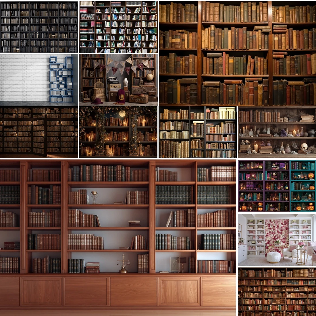 

MOON.QG Library Photographic Background Floral Greenery Gothic Bookcases Backdrop Accessories Photobooth Portrait Photozone