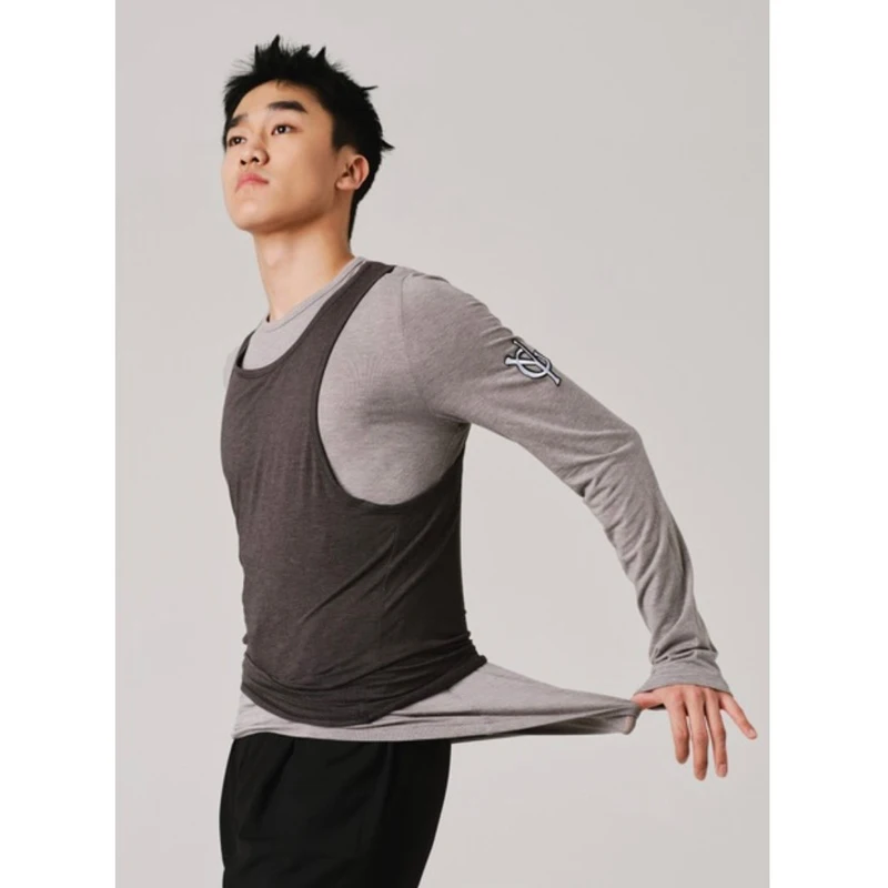 2026 New Latin Dance Practice Clothes For Men Fake Two Round Neck Long Sleeved Shirts Samba Chacha Tango Latin Costume  DQS22427