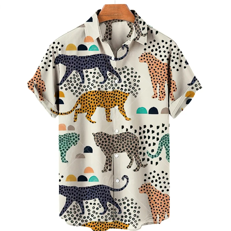 Cartoon Animals Pattern Summer Men\'s Shirts Casual Oversized Short-sleeved Fashion Leopard Print Blouses Trend Lapel Camisa Tops