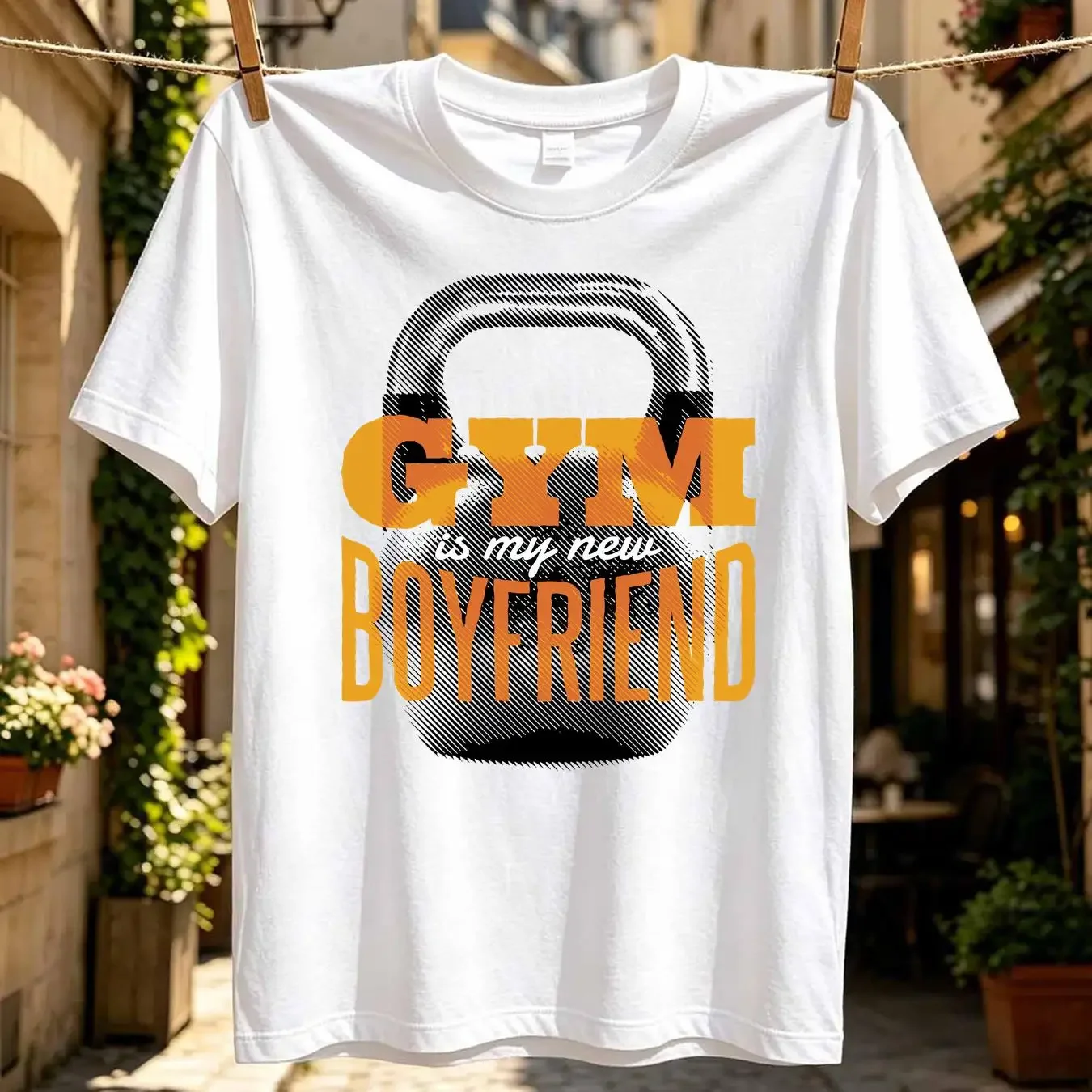 washed T Shirt Gym is my New Boyfriend Kettlebell In The Background Women's long or short sleeves vintage Washed Breathable