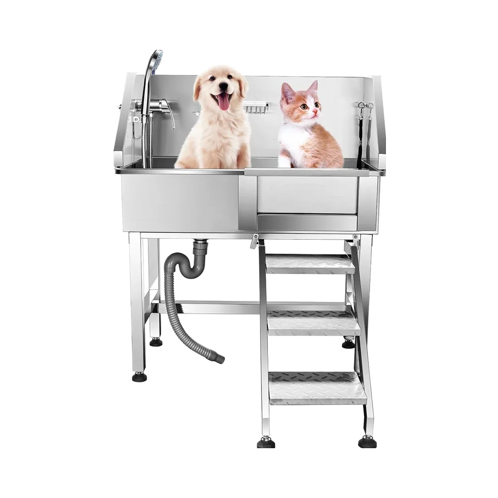 

34-Inch Professional Stainless Steel Dog Grooming Station Eco-Friendly Shower Sink Faucet Walk-in Ramp Pet Grooming Bathtub