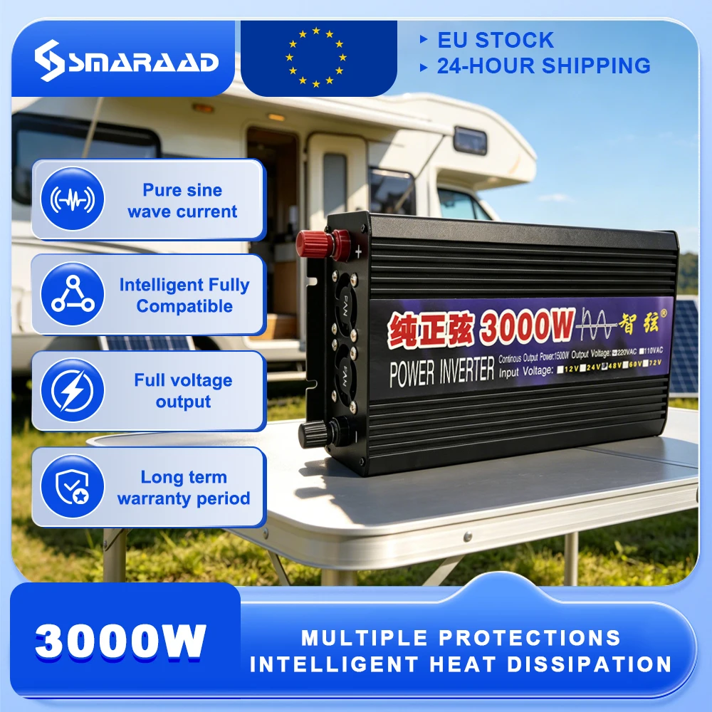 Reiner Sinus-Wechselrichter 2000W 3000W DC 12V 24V 48V zu AC 220V 50Hz Spannungswandler Solar-Auto-Wechselrichter mit LED