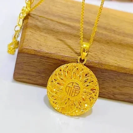 Luxury New AU999 Gold Necklace for Women Life Blessing Brand 24K Pure Gold Hollow Filigree Round Pendant Perfect Gift