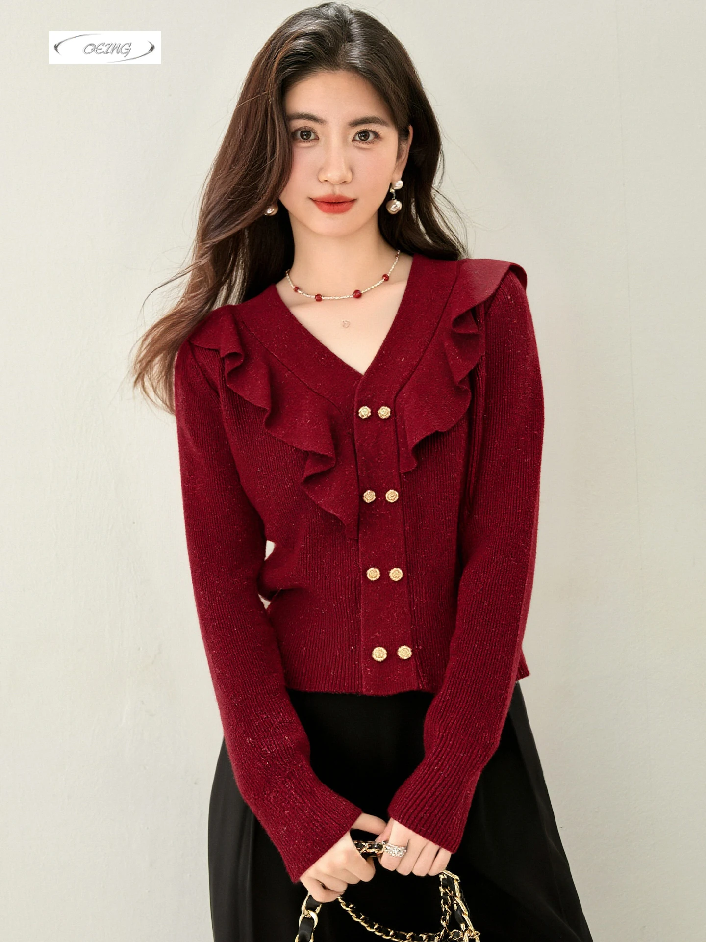

Red V-neck Knitted Sweater for Women New Year Fashion Spliced Ruffles Long Sleeve Elegant French Pullover Tops Knitwear 9693