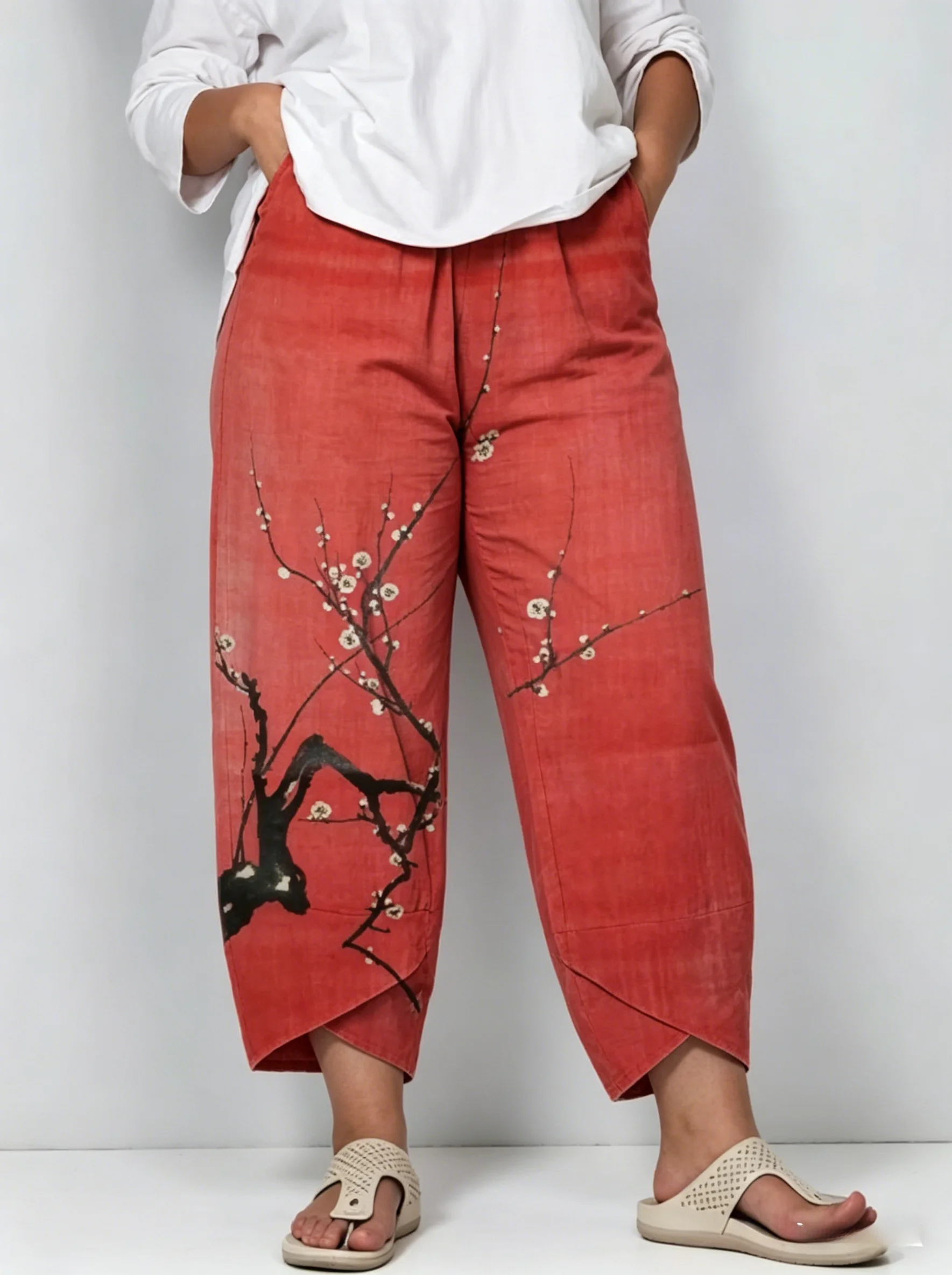 

Women's Simple Plum Blossom Japanese Art Linen Blend Cropped Pants Holiday Fashion Thin Summer Long Trousers Plus Size Bottoms