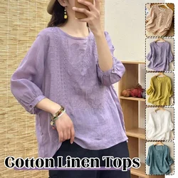 Summer Women's linen Blouse Retro O-neck Embroidered Half Sleeve  Loose Casual Ruched Cotton Linen Shirts Tops 2025 New