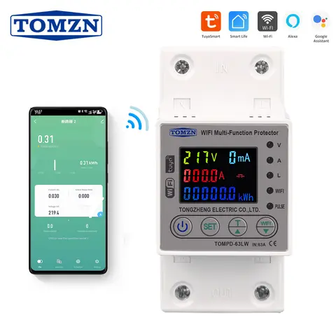 TOMZN 63A WIFI 스마트 스위치 TUYA 에너지 미터 Kwh 미터링 회로 차단기 타이머(전압 전류 및 누설 보호 기능 포함)