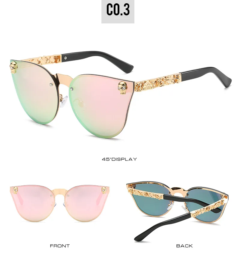 Gothic Schädel Sonnenbrille Frauen Männer Cat Eye Geschnitzt Metall Persönlichkeit Randlose Reflektierende UV400 Sonnenbrille – Detail 10