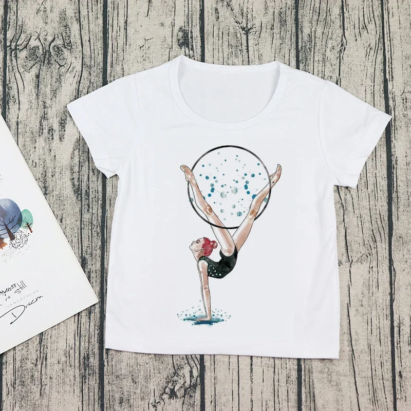 2024 Summer Watercolor Ballet Dancer Print Girl White T-shirt Gymnastics Dance Children Baby T-shirt Kids Casual T-shirt