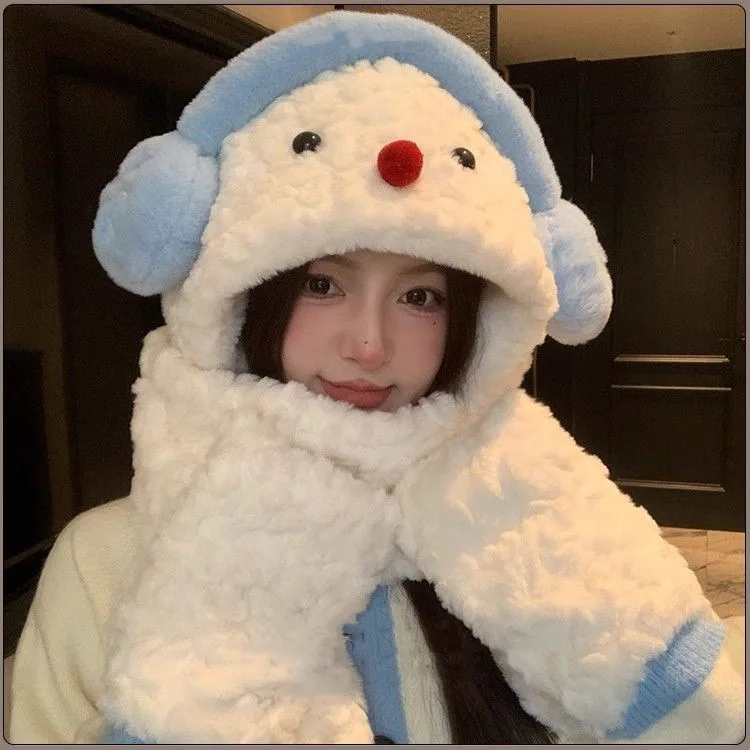 Kawaii Hats Sweet Style Cute Scarf Cute Snowman Earphone Fleece Hat Scarf Women's Winter Warm Ear Protection Cold-proof Ski Hat