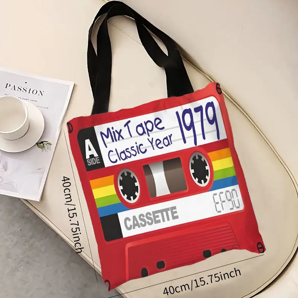 Handbag Retro Mixtape Style Vintage Cassette Tape Design Shoulder Foldable Shopping Bag Travel Storage Tote Bag Red Pouch