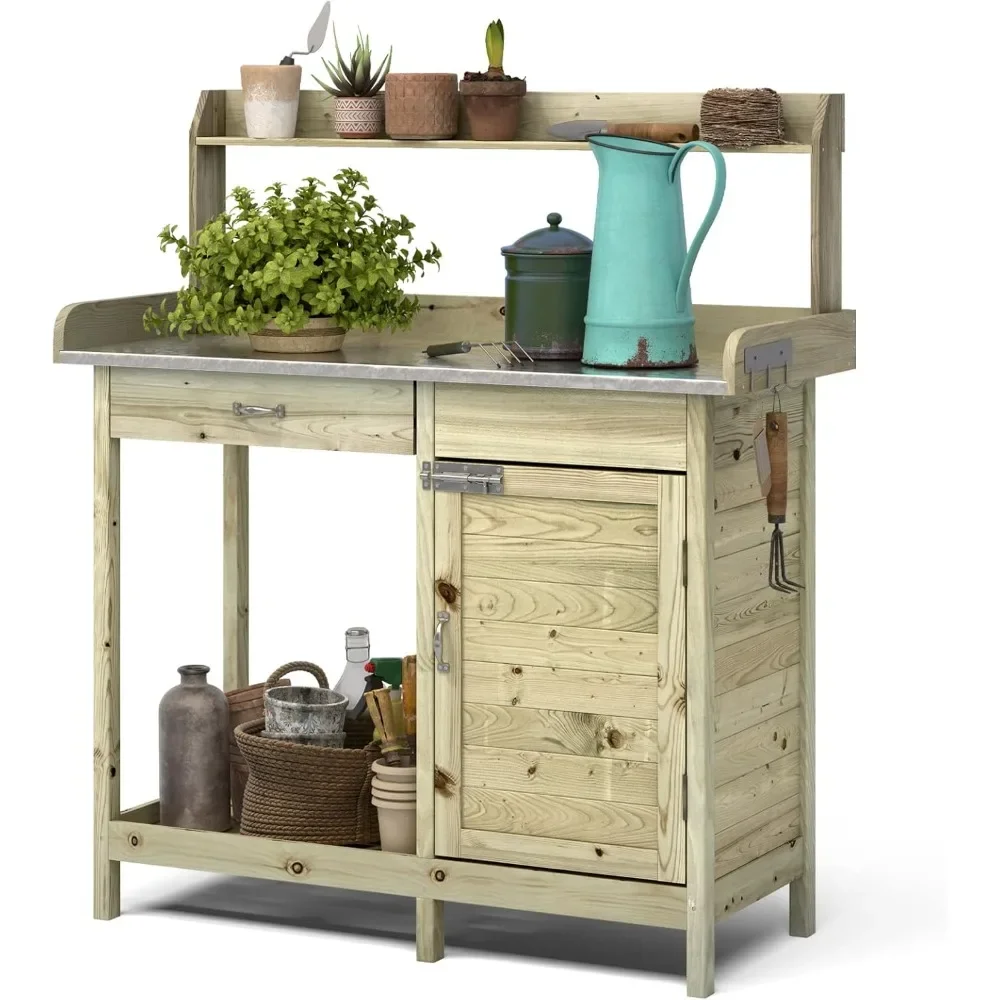 

Wooden Potting Bench Tables, Fir Work Station Table Outdoor Garden Potting Table with Cabinet, Hook, Storage Bottom Shelf