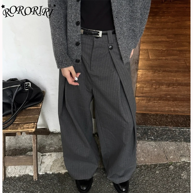 

RORORIRI Striped Pleated Wide Leg Pants for Women Casual High Waist Long Blazer Trousers Loose Office Gray Straight Suit Pants
