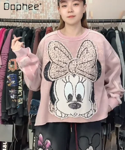 أزياء العلامة التجارية الخريف الشتاء الصوف المطرزة الكرتون الشباب فضفاض أزياء جولة الرقبة البلوز أعلى الوردي المتضخم قمم #1