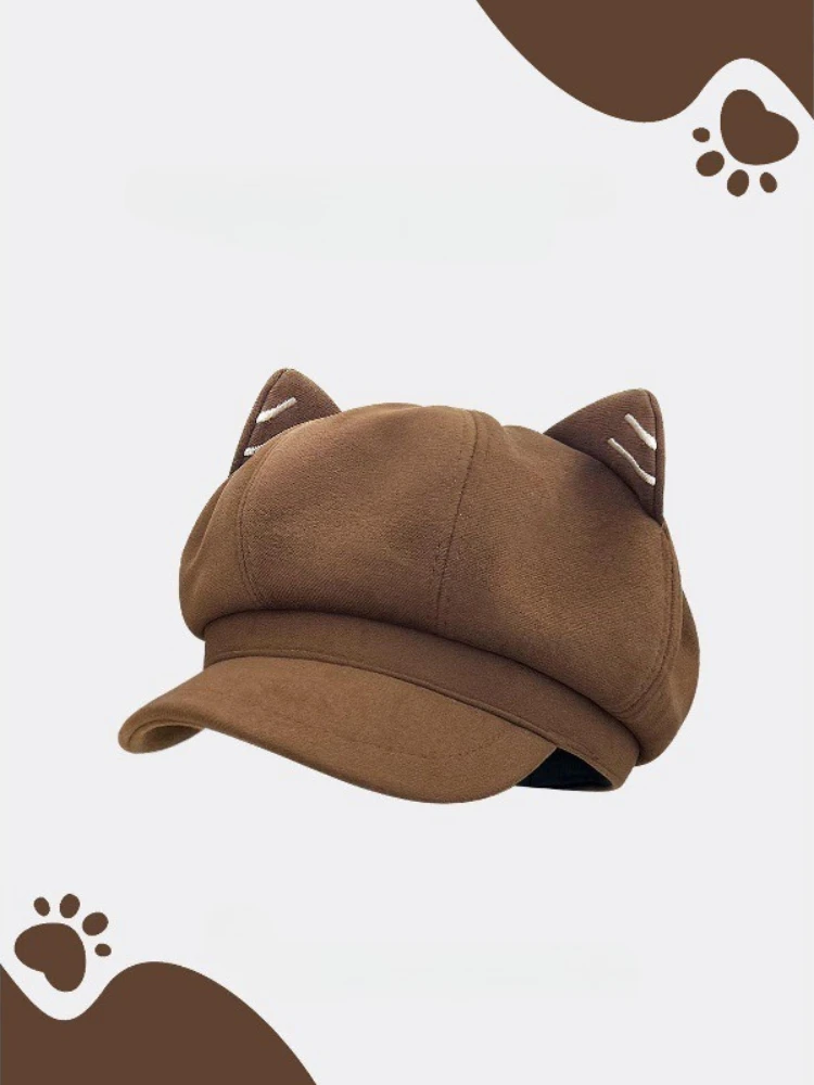 Béret marron rétro Collection, chapeau octogonal à oreilles mignonnes pour femmes, automne hiver, Bonnet d'oreille mignon, Bonnet réglable à la mode