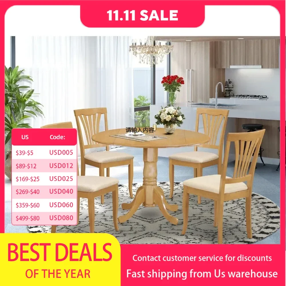 

The 5-piece kitchen table and chair set includes a round dining table with hanging leaves and 4 linen dining chairs