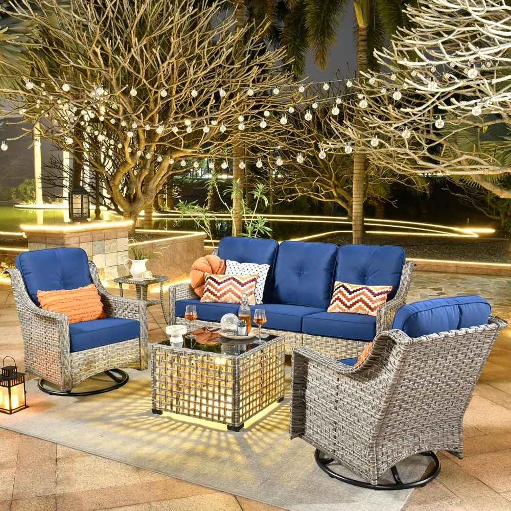 

5 Piece Outdoor Patio Furniture with 3 Seat Sofa, Rattan Wicker Conversations Set with Swivel Rocking Chair, Balcony Sofa Set