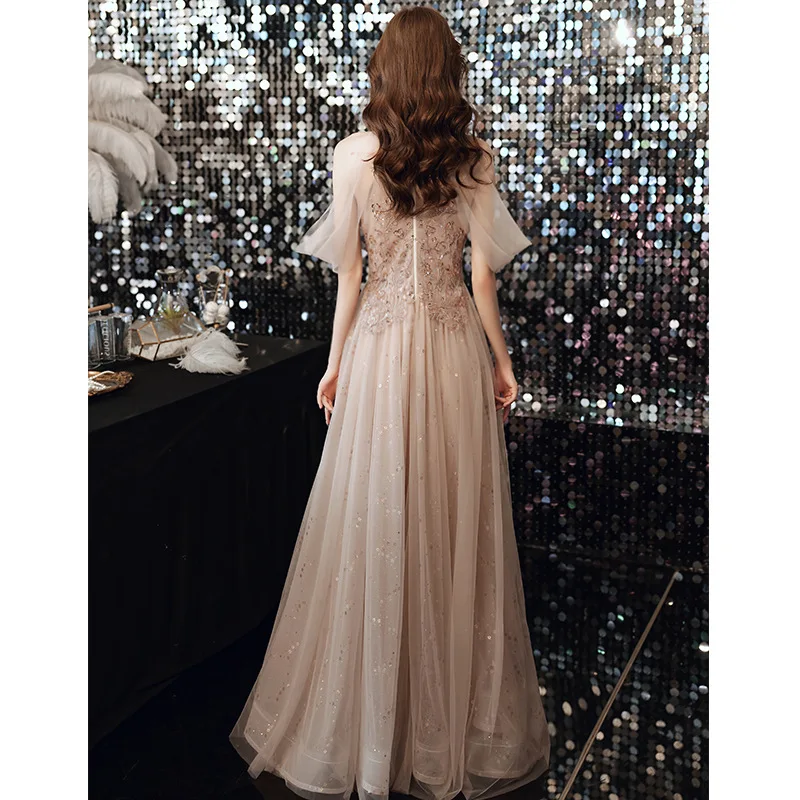 Elegant Halter Evening Dresses Women Champagne Sequin Tulle Floor-length Prom Gowns Temperament Bridesmaid Party Formal Dress