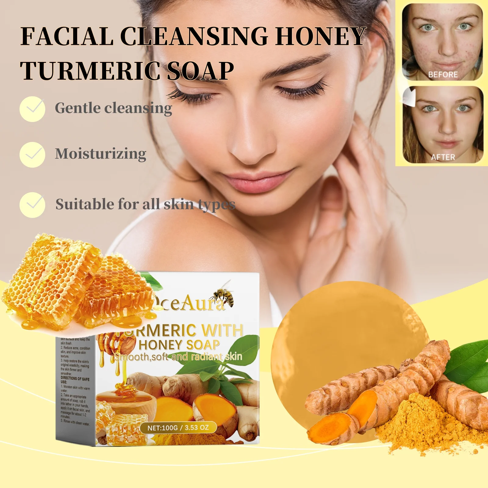

Facial Cleansing Honey Turmeric Soap for Acne Prone Skin Deep Cleansing Pores Brightening Glow Gentle Daily Cleanser Skincare
