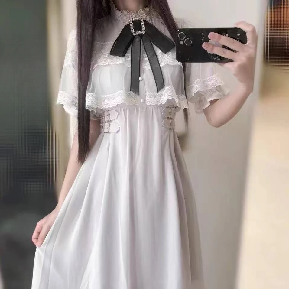Summer Fashion Sweet Bow Stand Collar Vestidos Mujer Y2k Lace Short Sleeve Dress for Women New High Waist Dresses Chic - Image 3
