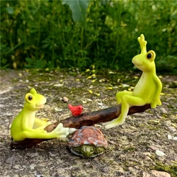Cute Seesaw Frog Miniature Playground Frog Couple Figurine Fairy Garden Ornament Micro Landscape Decor Gift Craft Accessories